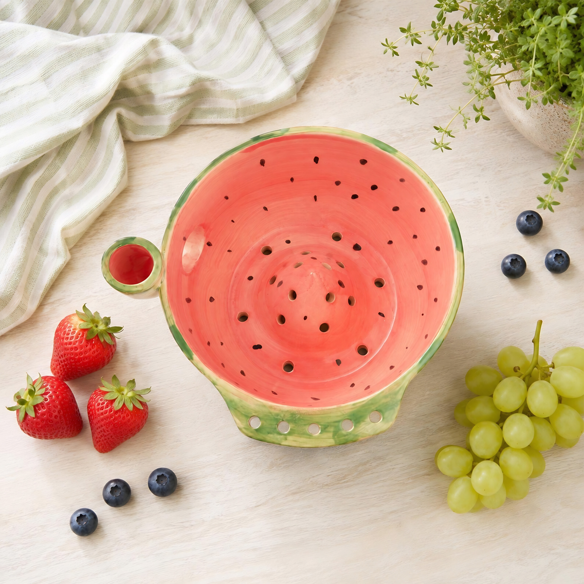 Watermelon Ceramic Berry Washing Bowl, Fruit Rinser Colander with Side Water Inlet, Fruit Gift, Hostess Gift| LA105
