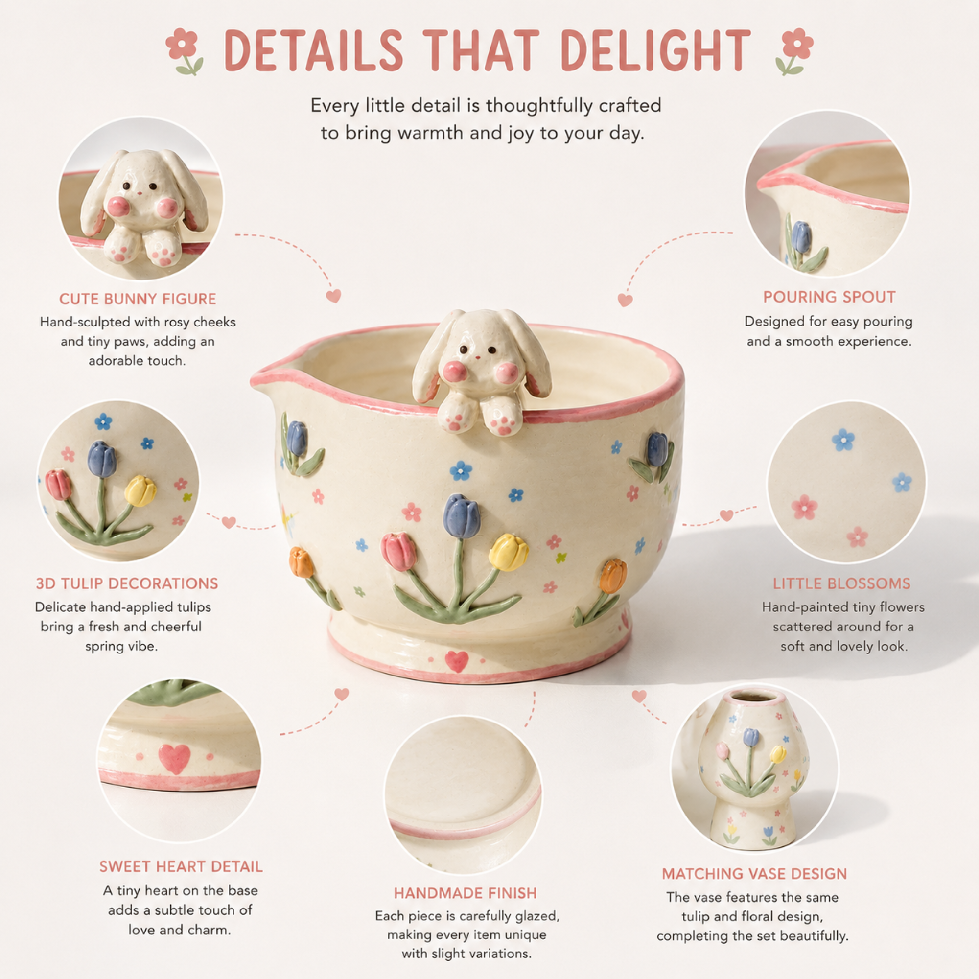 Cute 3D Bunny & Tulip Ceramic Matcha Bowl and Whisk Holder Set • HX04