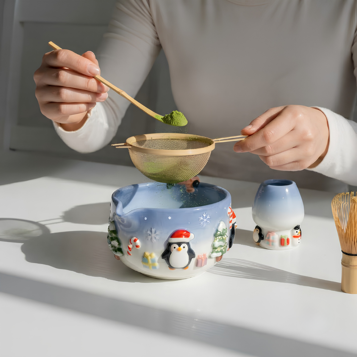 Christmas Penguin Matcha Bowl, Handmade Ceramic Matcha Set with Whisk Holder, Cute Winter Chawan, Penguin Gift for Matcha Lover | LA050