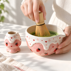 Strawberry Matcha Bowl Set - Pink Ceramic Chawan with Spout, Chasen Whisk Holder