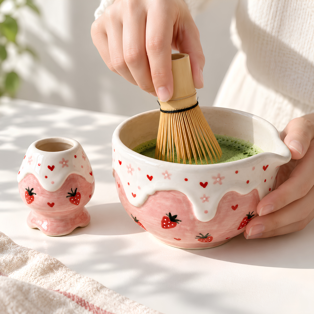 Strawberry Matcha Bowl Set - Pink Ceramic Chawan with Spout, Chasen Whisk Holder
