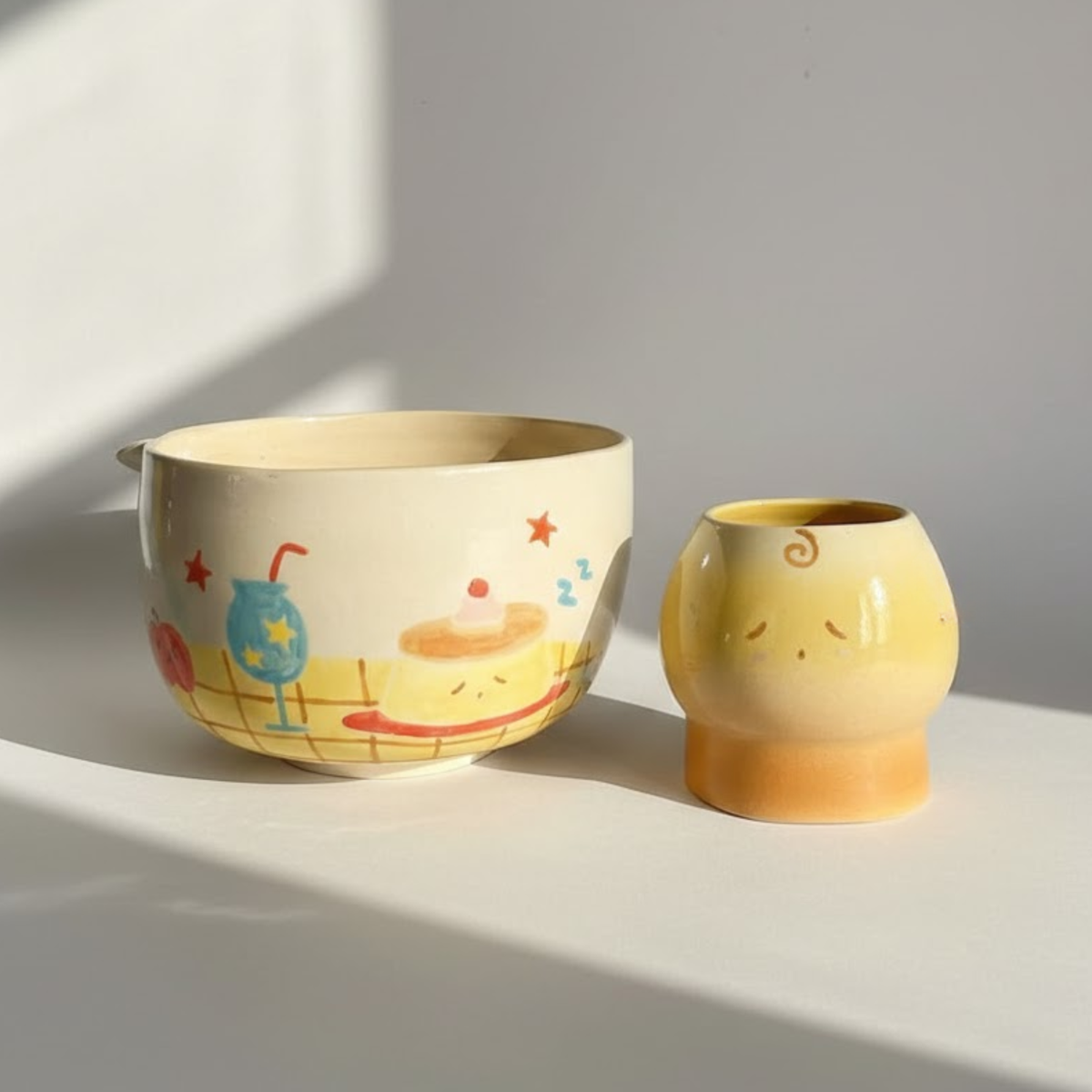 Handmade Cute Pudding & Cafe Ceramic Matcha Bowl Set | Kawaii Spouted Chawan & Whisk Holder • HX50