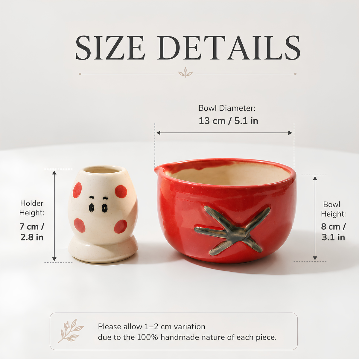 Handmade Red Tomato Ceramic Matcha Bowl Set | Cute Spouted Chawan & Polka Dot Whisk Holder • HX52