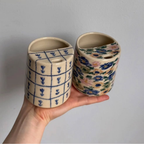Handcrafted Ceramic Travel Mug with Built-in Lid, Minimalist Blue Grid Commuter Coffee Cup • HX09