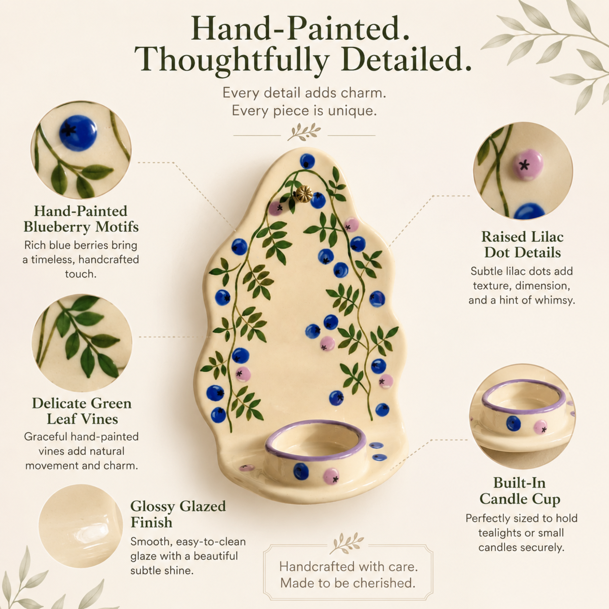 Handcrafted Blueberry Ceramic Wall Candle Sconce, Hand-painted Botanical Tealight Holder, Cute Cottagecore Home Decor • HX39