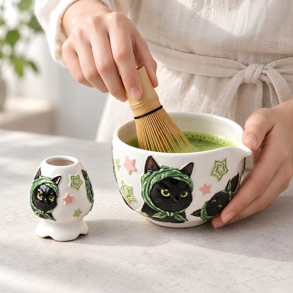 Black Cat Matcha Bowl Set - Spouted Chawan & Whisk Holder, Handmade Ceramic Tea Set.