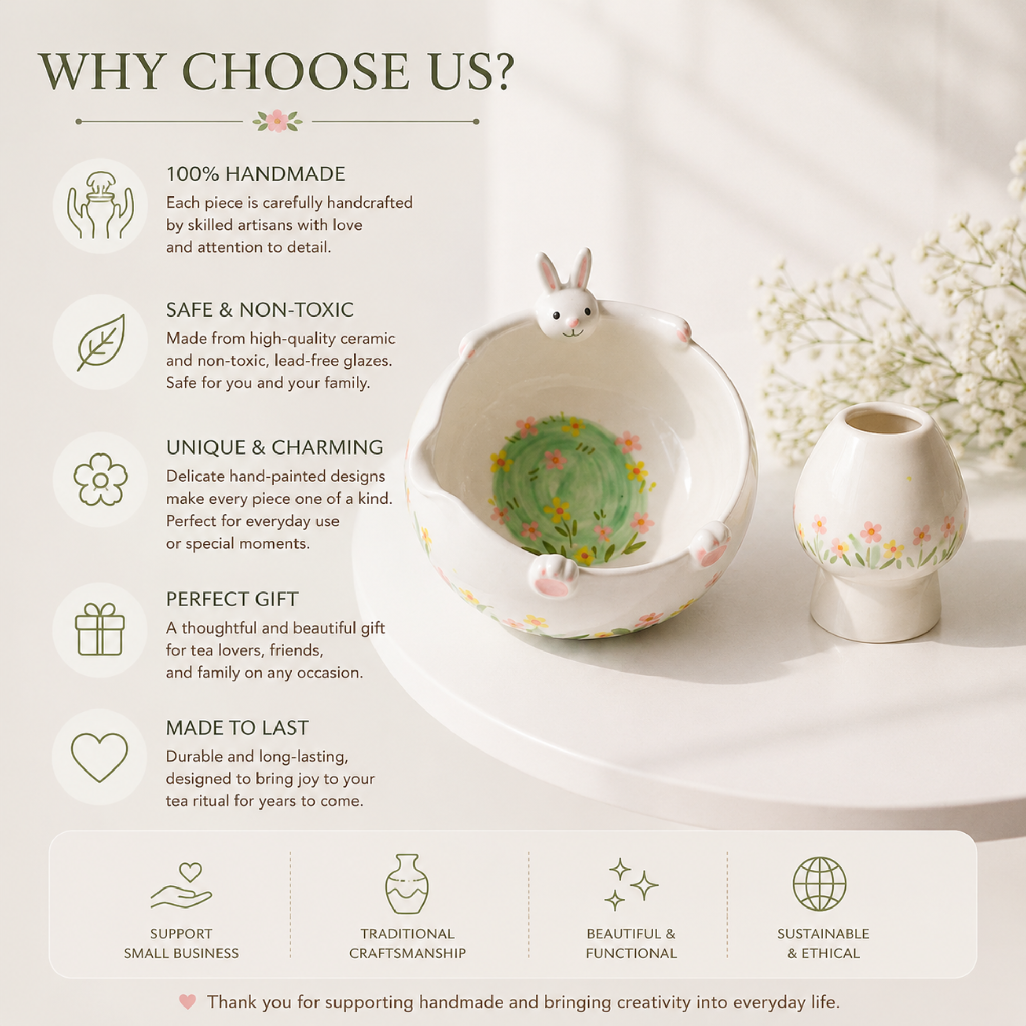 White Bunny Hug 3D Handcrafted Ceramic Matcha Bowl and Floral Whisk Holder Set • HX11