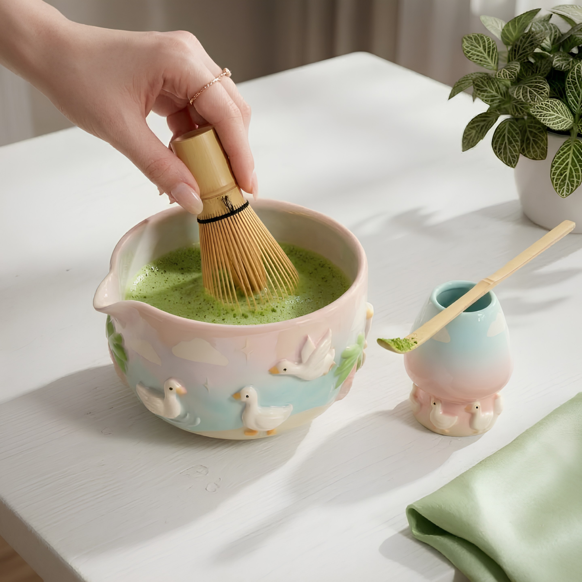 Goose Matcha Bowl Set | Cottagecore Ceramic Whisk Holder | Pastel Ombre Handmade Matcha Chawan | Cute Duck Gift for Tea Lovers | LA048