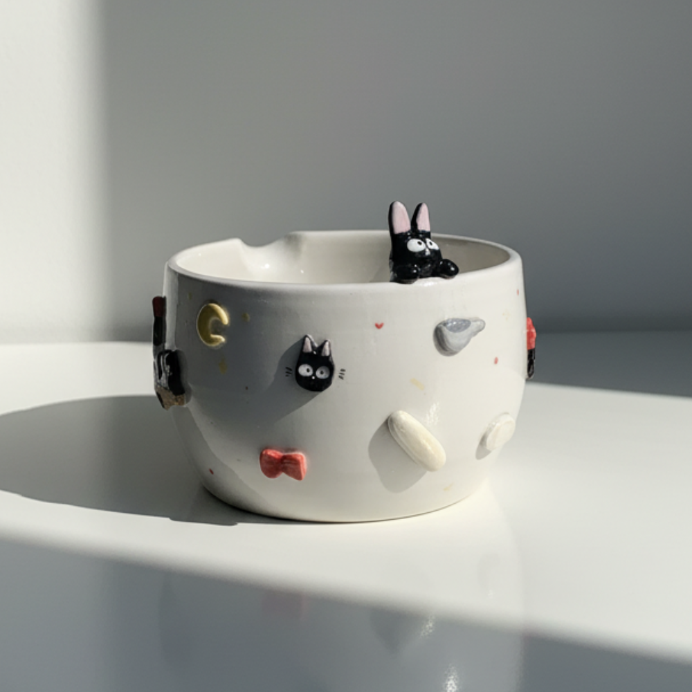 Handcrafted 3D Black Cat Ceramic Matcha Bowl with Spout, Cute Kitten Embossed Matchawan, Whimsical Cozy Black Cat Tea Cup, Gift for Cat Lover • HX16