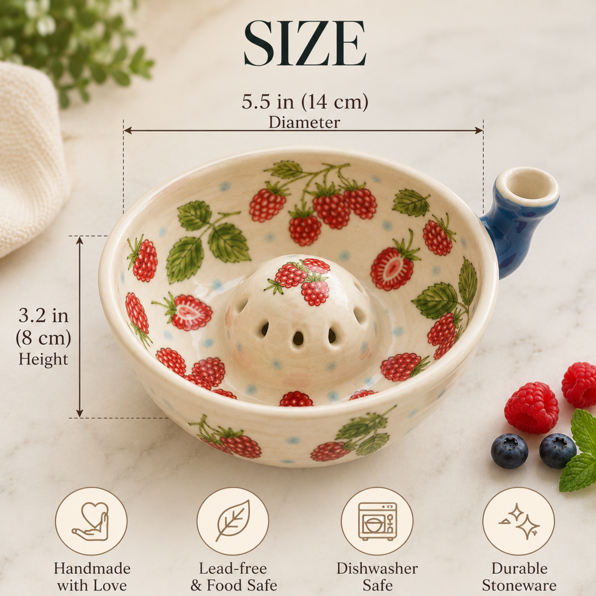 Handmade Raspberry Berry Bowl with Handle & Pour Spout, Ceramic Berry Colander, Fruit Washing Bowl, Cottagecore Kitchen Gift | LA102