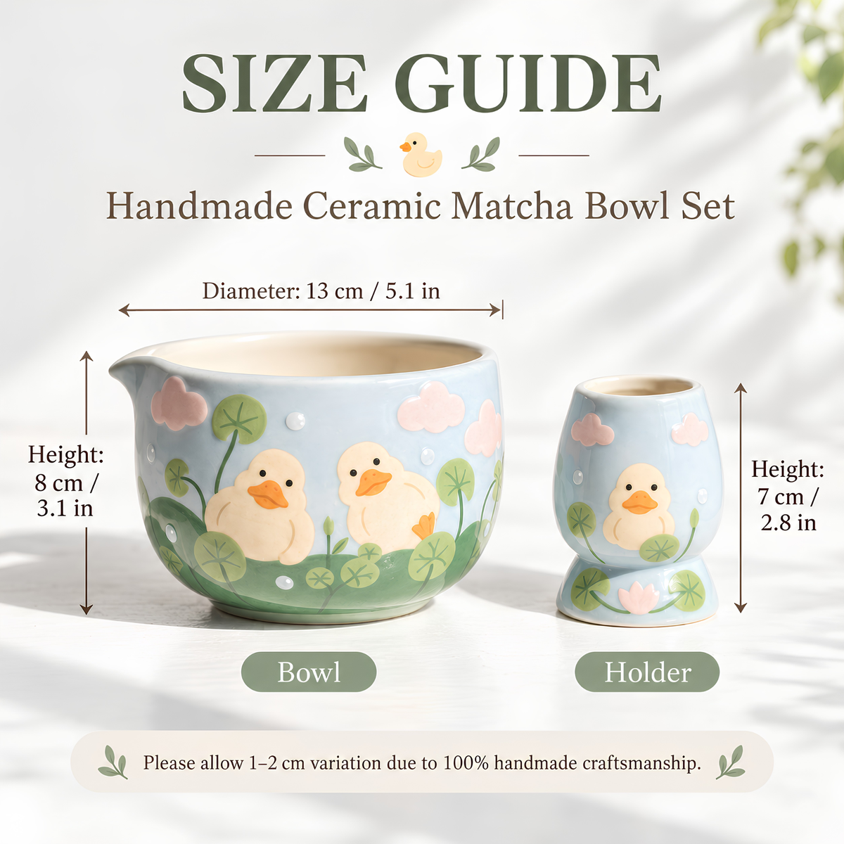 Handmade Duck Pond Ceramic Matcha Bowl Set | Cute Spouted Chawan & Whisk Holder • HX49