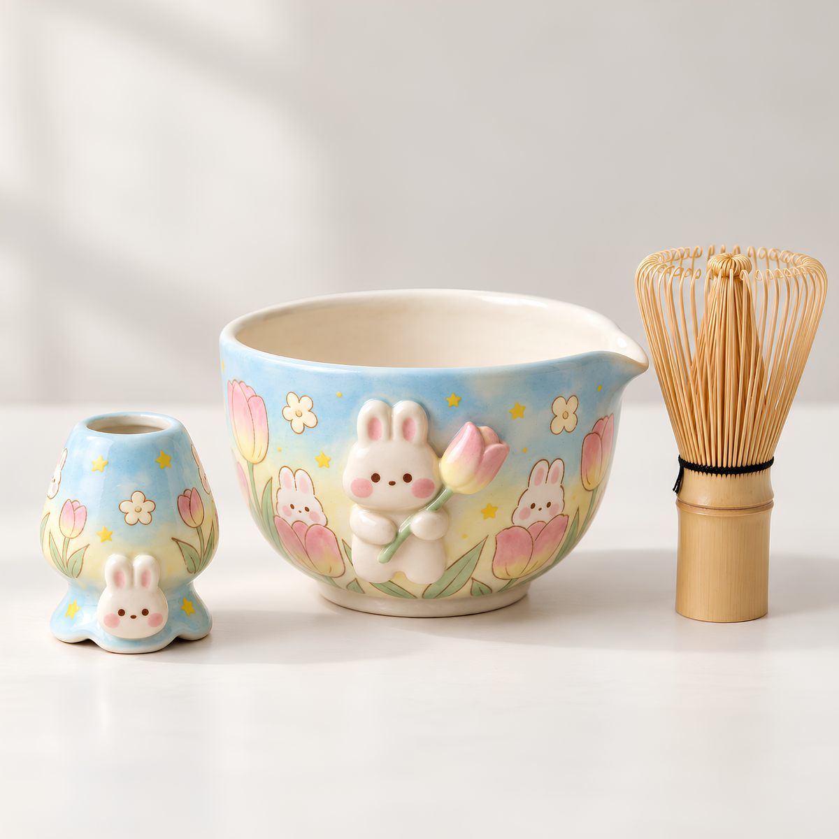Bunny Tulip Matcha Bowl Set, Spouted Chawan & Whisk Holder, Handmade Ceramic Tea Set, Kawaii Gift for Bunny & Matcha Lovers