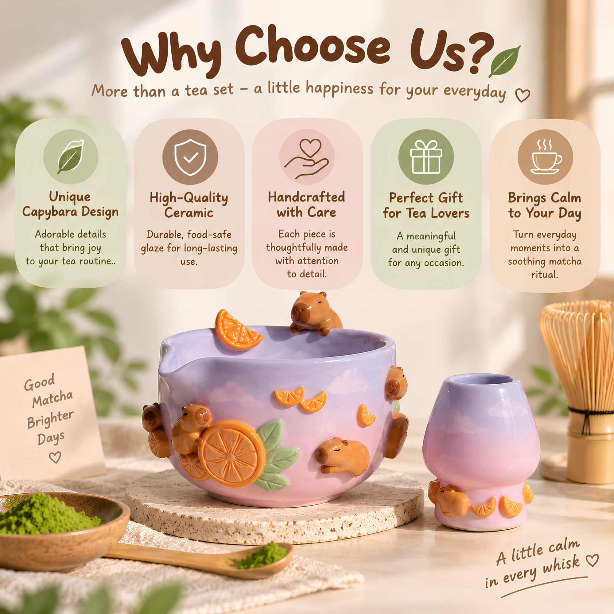Capybara Orange Ombre Matcha Bowl Set, Handmade Ceramic Chawan with Whisk Holder, Cute Matcha Gift for Tea Lover | LA045