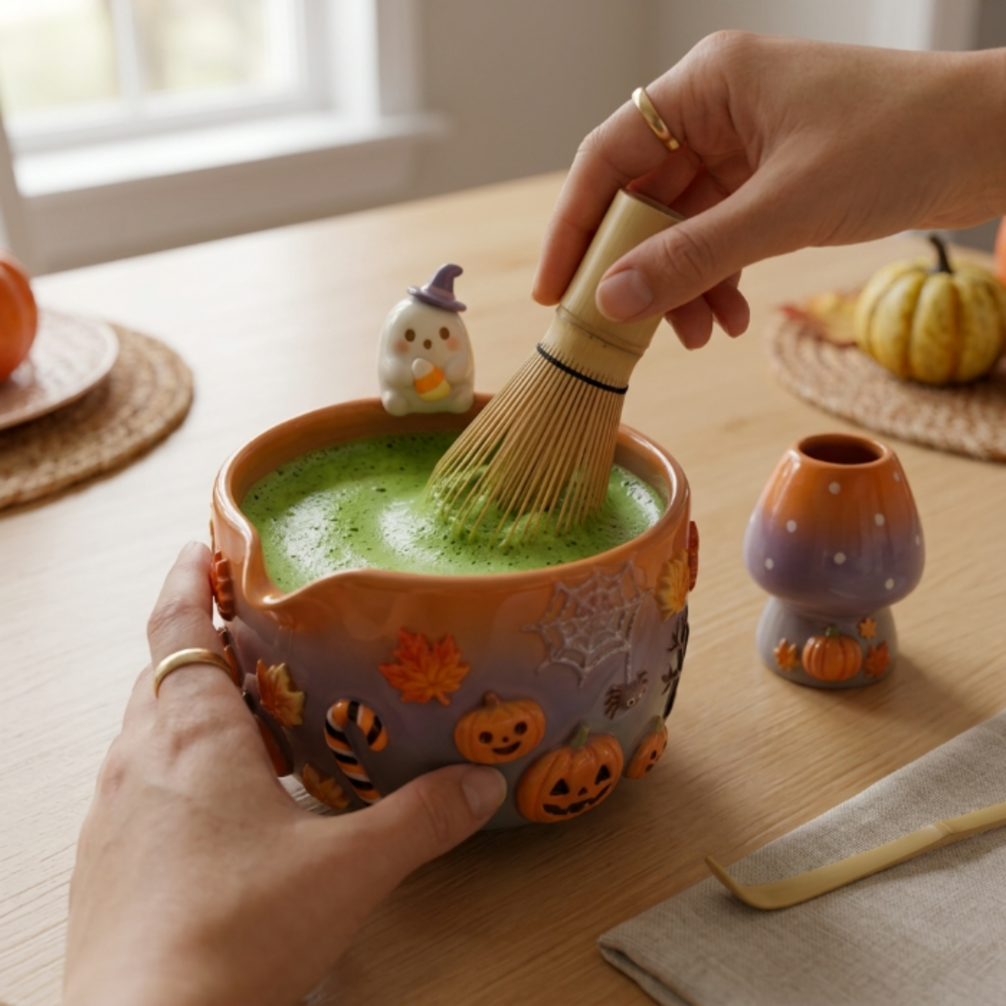Ombre Halloween Matcha Bowl, Handmade Ceramic Matcha Set, Pumpkin Ghost Chawan with Whisk Holder | LA041