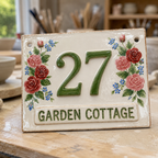 Personalized Ceramic House Number Sign – Hand-Painted Rose Address Plaque - NN