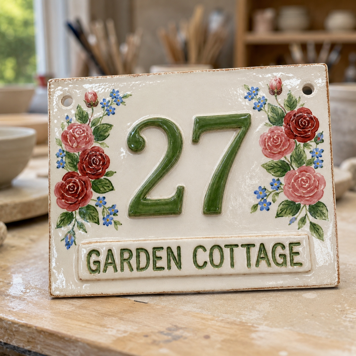 Personalized Ceramic House Number Sign – Hand-Painted Rose Address Plaque - NN