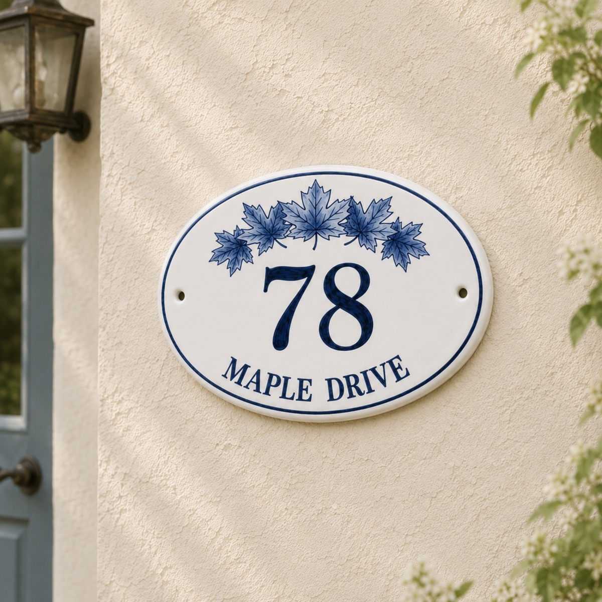 Personalized Ceramic House Number Sign, Hand Painted Blue Floral Address Plaque, Custom Street Name Sign, Cottage Home Decor - NN