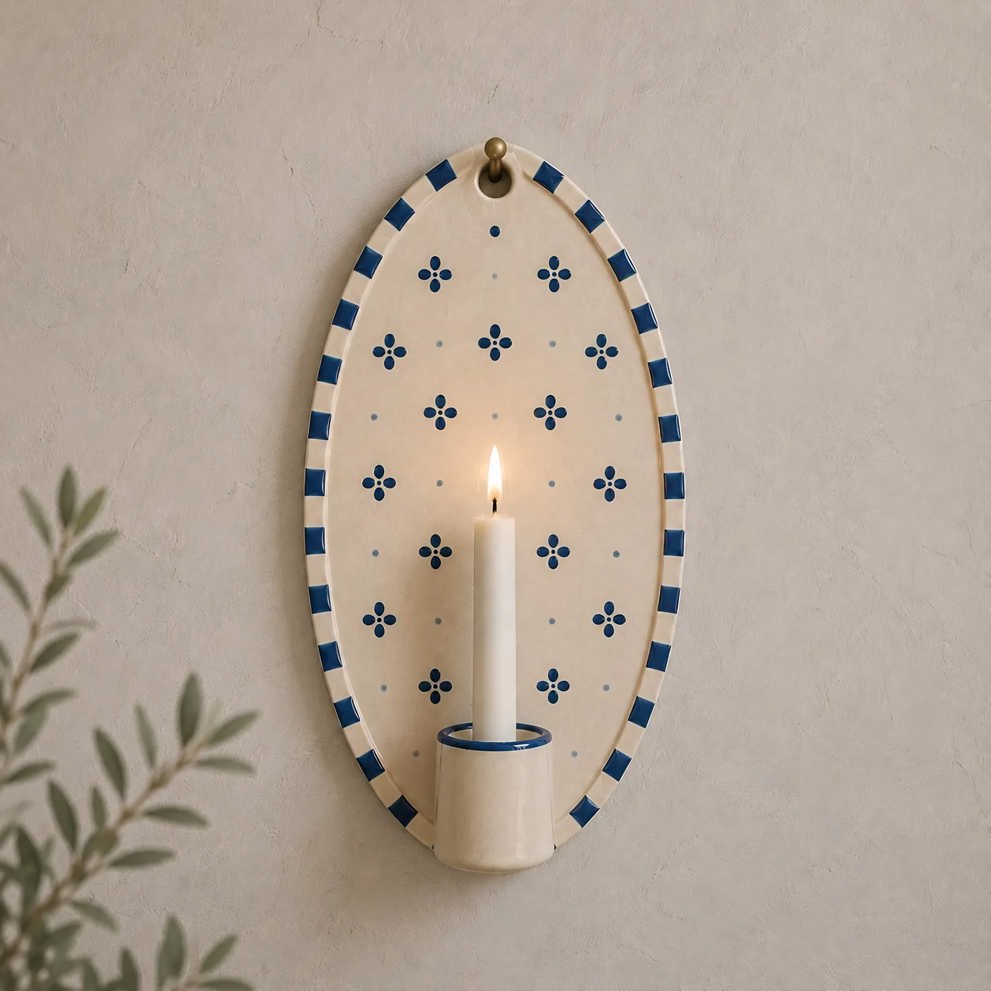 Blue Floral Wall Candle Holder, Handmade Ceramic Wall Sconce, Mediterranean Decor, Cottagecore Wall Decor, Housewarming Gift | LA124
