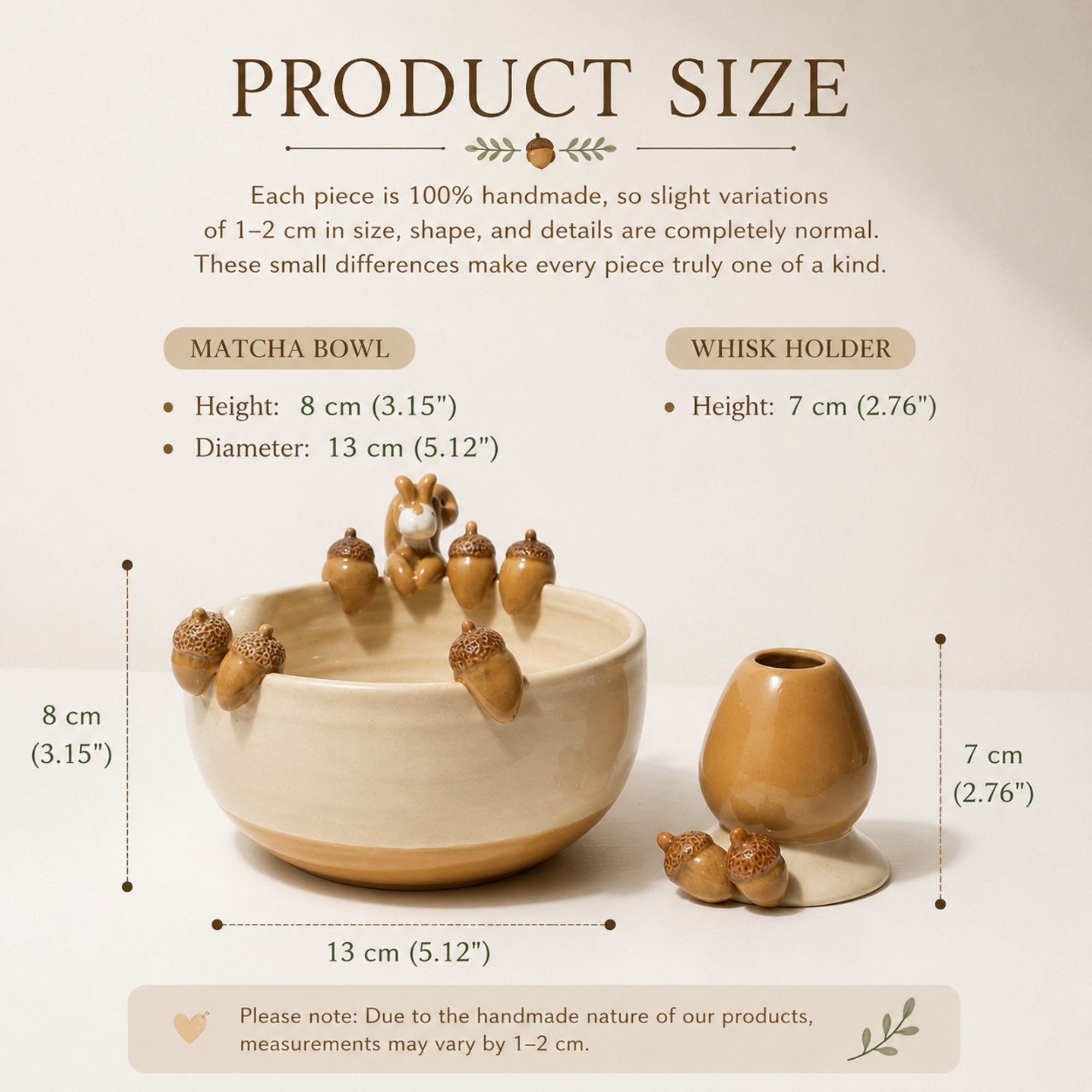 Autumn Forest Squirrel & Acorn 3D Handcrafted Ceramic Matcha Bowl and Whisk Holder Set • HX17