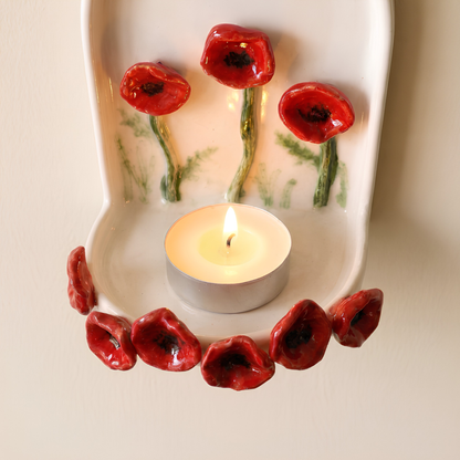 Handmade Ceramic Poppy Flower Wall Tealight Candle Holder - NN04