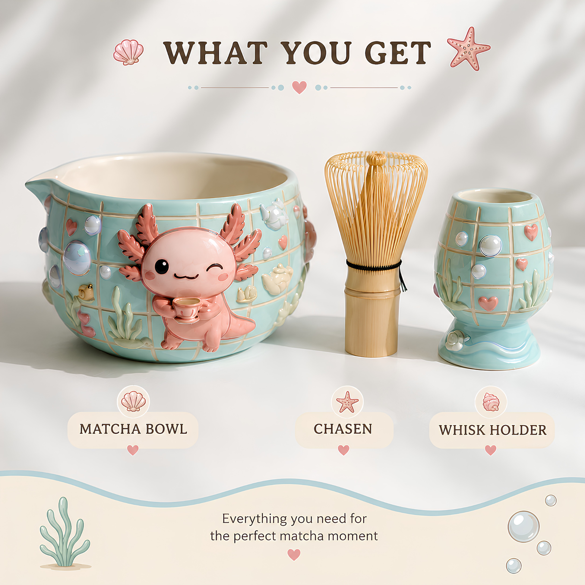 Grid Axolotl Matcha Bowl Set | Handmade Matcha Bowl Set | LA040