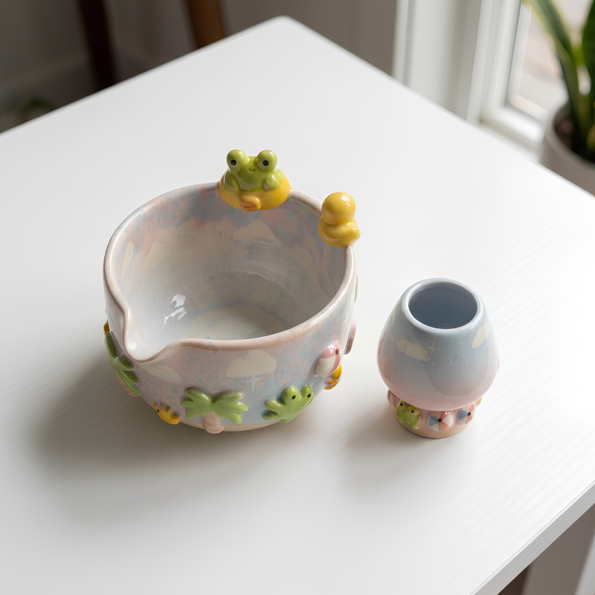 Handmade Frog Matcha Bowl Set, Cute Duck Ceramic Matcha Tea Set, Ombre Matcha Bowl with Whisk Holder, Kawaii Tea Gift | LA2
