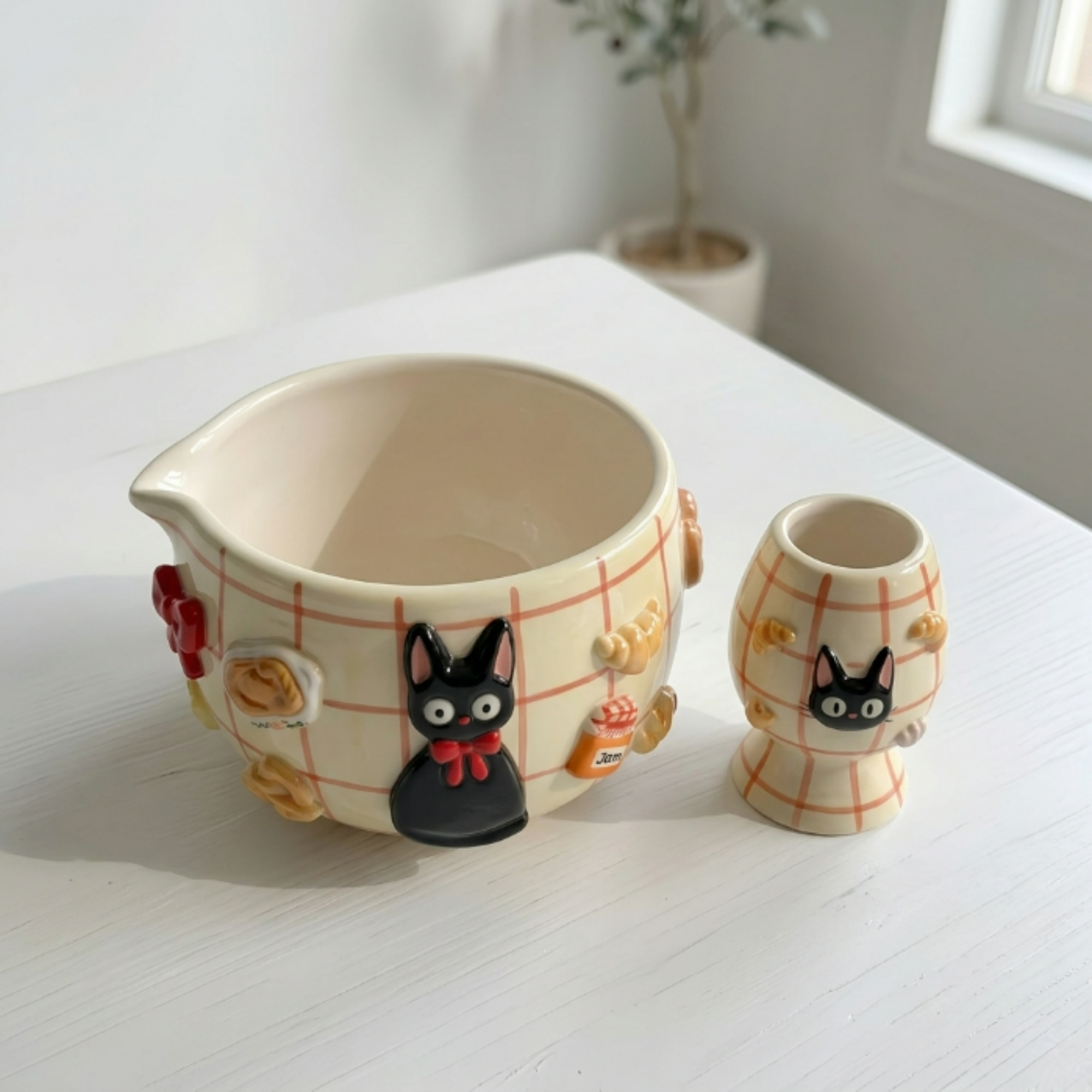 Grid Cute Cat Matcha Bowl | Handmade Ceramic Chawan | LA019