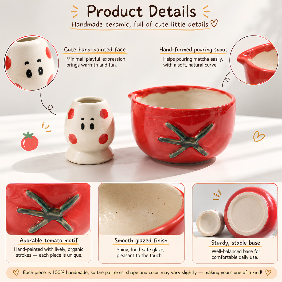 Handmade Red Tomato Ceramic Matcha Bowl Set | Cute Spouted Chawan & Polka Dot Whisk Holder • HX52