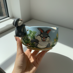 Fairytale Bunny Garden 3D Handcrafted Ceramic Matcha Bowl and Mushroom Whisk Holder Set • HX05