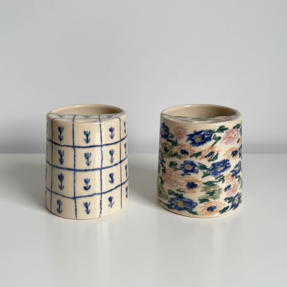 Handcrafted Ceramic Travel Mug with Built-in Lid, Minimalist Blue Grid Commuter Coffee Cup • HX09