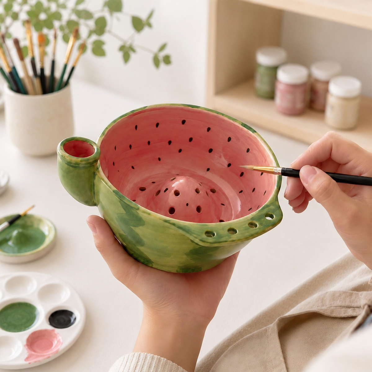Watermelon Ceramic Berry Washing Bowl, Fruit Rinser Colander with Side Water Inlet, Fruit Gift, Hostess Gift| LA105