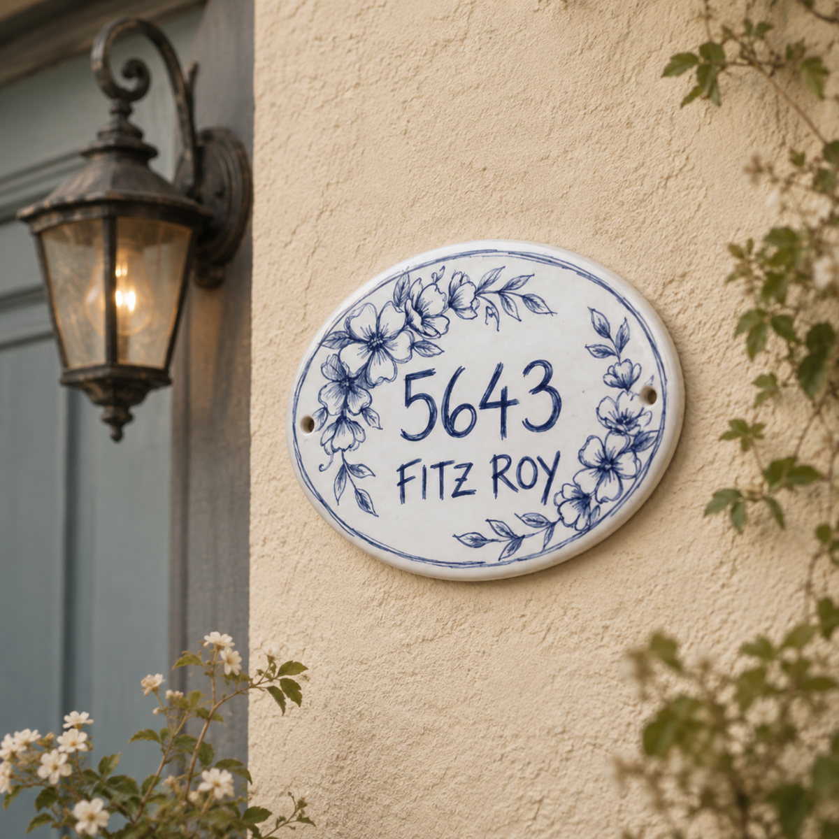 Personalized Ceramic House Number Sign, Hand Painted Blue Floral Address Plaque, Custom Street Name Sign, Cottage Home Decor - NN