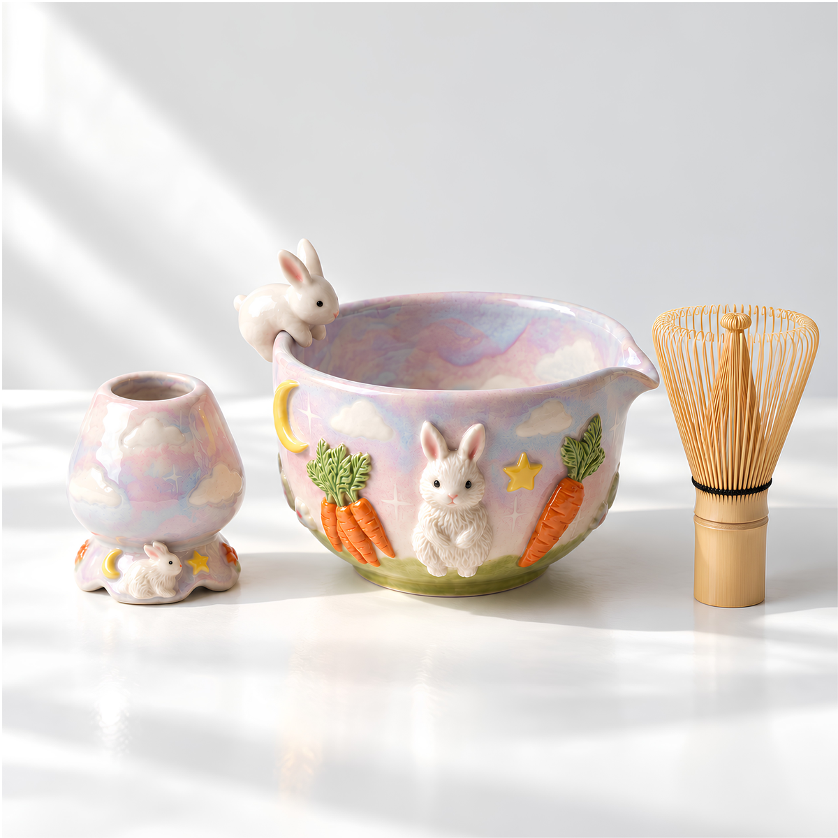 Bunny Carrot Matcha Bowl Set - Spouted Chawan and Whisk Holder, Handmade Ceramic Tea Set, Kawaii Gift for Rabbit & Matcha Lovers