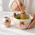 Teddy Bear Matcha Bowl Set, Handmade Ceramic Chawan & Whisk Holder, Pink Gingham Tea Set