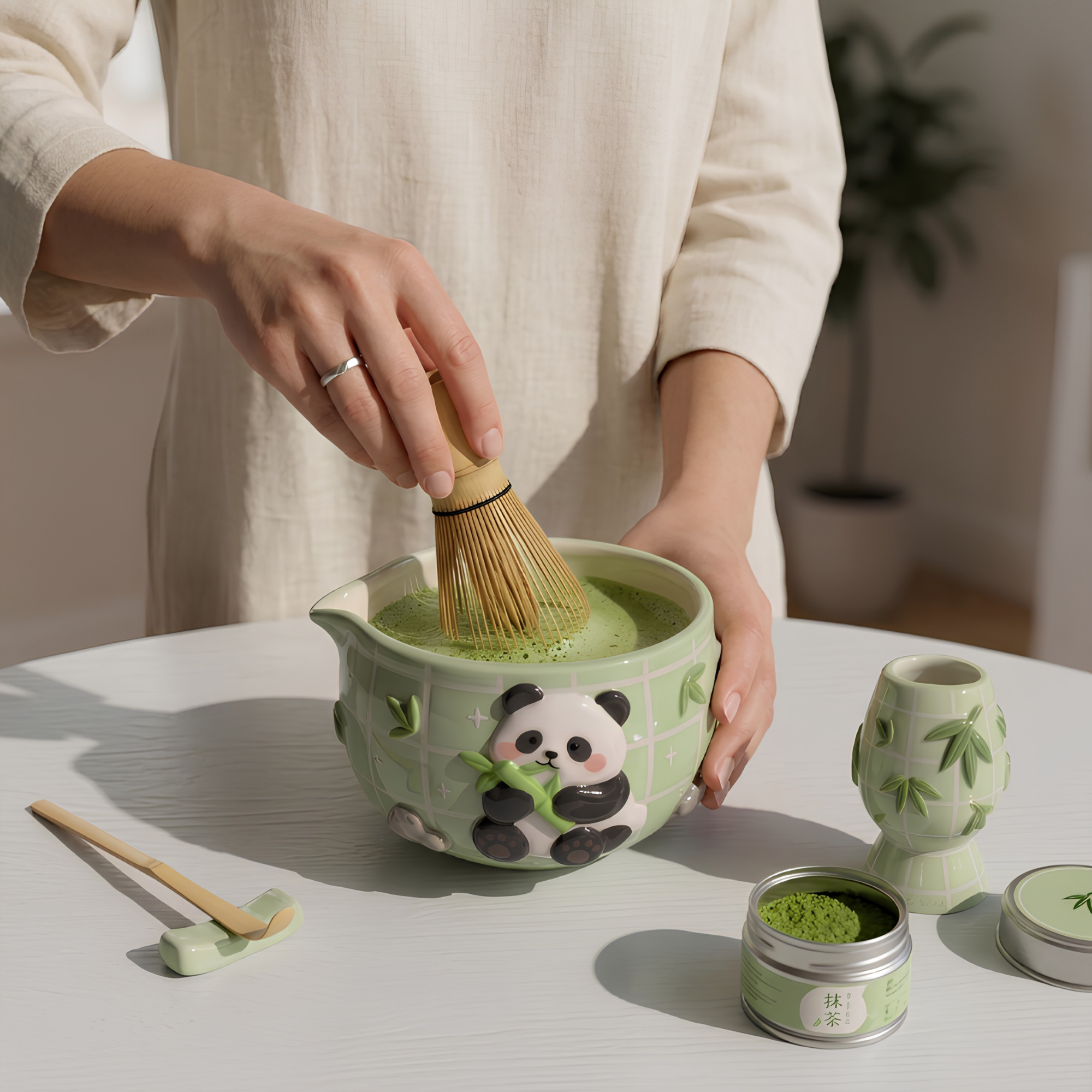 Grid Panda Matcha Bowl Set, Handmade Magic Ceramic Chawan, Whimsical Tea Bowl, Fantasy Matcha Gift | Handmade Ceramic Chawan | LA032