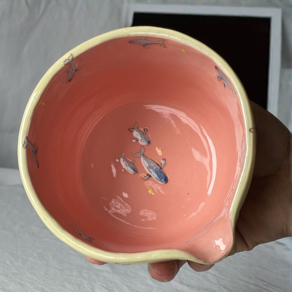 Handmade Blue Whale Ceramic Matcha Bowl Set | Pastel Yellow Spouted Chawan & Whisk Holder • HX53
