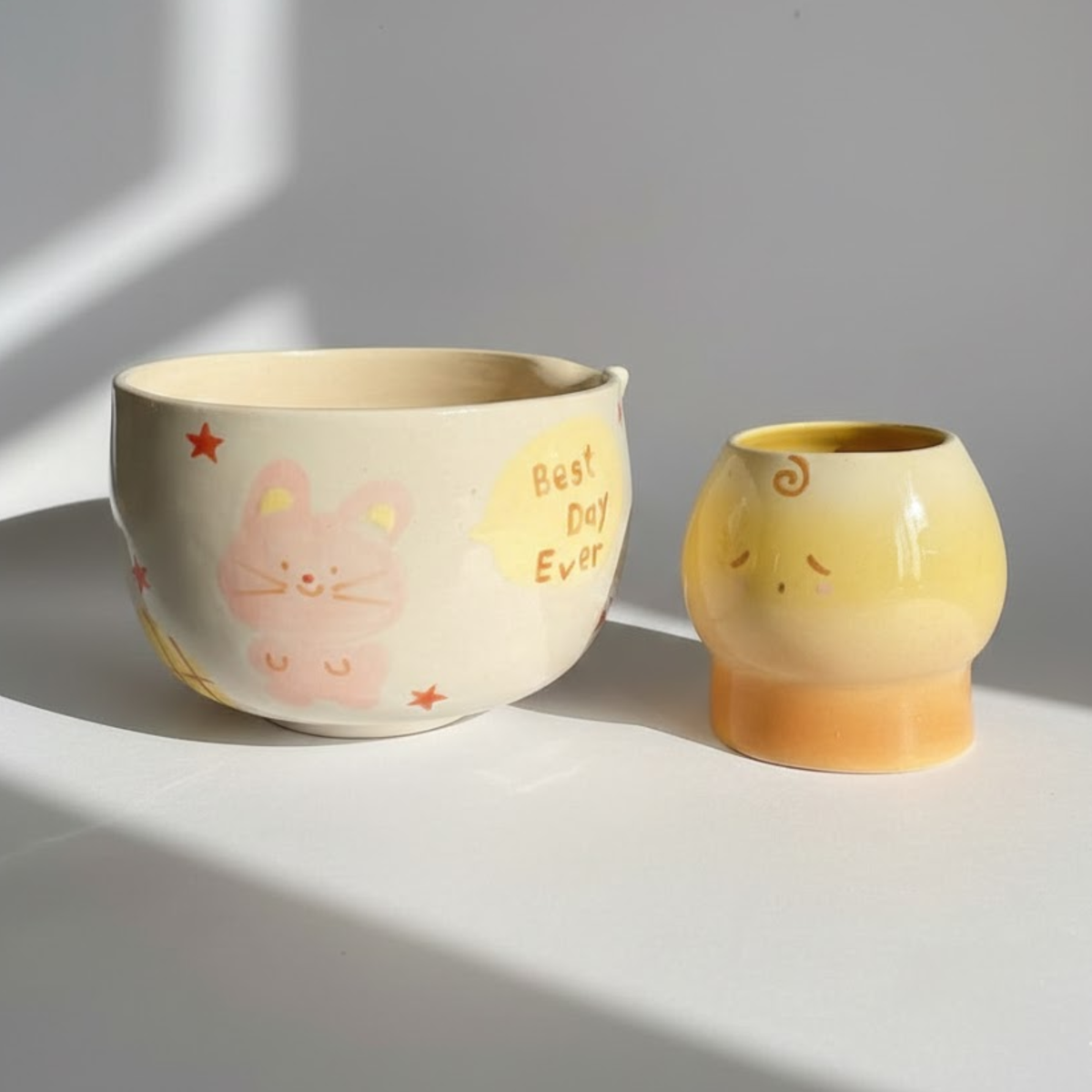 Handmade Cute Pudding & Cafe Ceramic Matcha Bowl Set | Kawaii Spouted Chawan & Whisk Holder • HX50