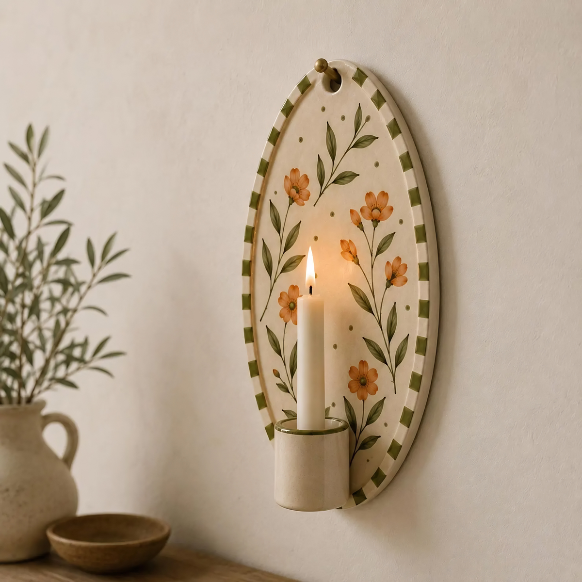 Handmade Floral Ceramic Wall Candle Holder, Botanical Wall Sconce, Cottagecore Wall Decor, Rustic Farmhouse Gift, Nature Inspired Art | LA129