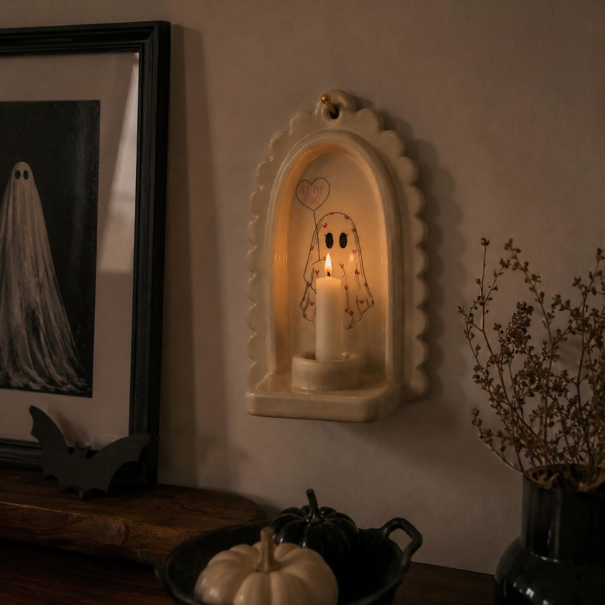 Halloween Wall Decor, Ghost Candle Holder, Handmade Ceramic Wall Sconce, Taper Candle Holder, Cute Spooky Home Decor | LA139