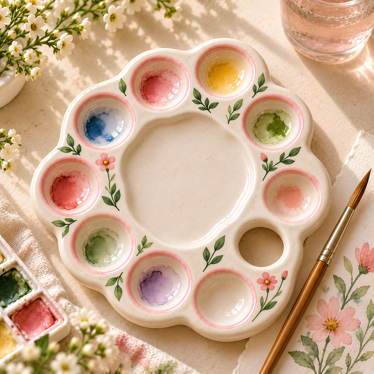 Ceramic Paint Mixing Palette Tray - Handmade Artist Palette with Hand Grip Hole, Pottery Painting Tool, Gift for Artists