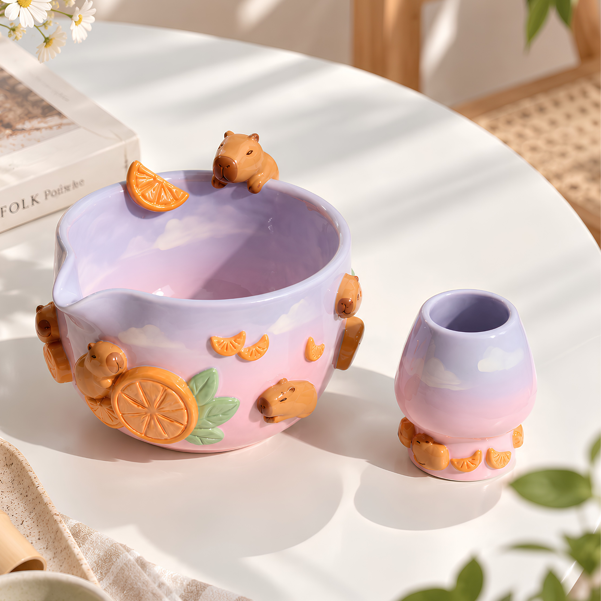 Capybara Orange Ombre Matcha Bowl Set, Handmade Ceramic Chawan with Whisk Holder, Cute Matcha Gift for Tea Lover | LA045