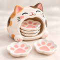 Cat Paw Ceramic Dipping Dish Set - Paw Shaped Sauce Plates & Cat Holder, Handmade Tableware.
