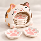 Cat Paw Ceramic Dipping Dish Set - Paw Shaped Sauce Plates & Cat Holder, Handmade Tableware.