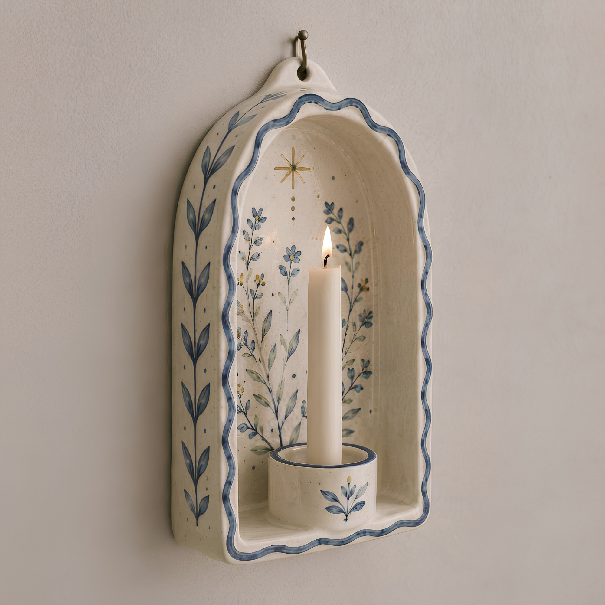 Ceramic Wall Candle Holder, Blue Floral Wall Sconce, Cottagecore Decor, Rustic Wall Decor | LA141