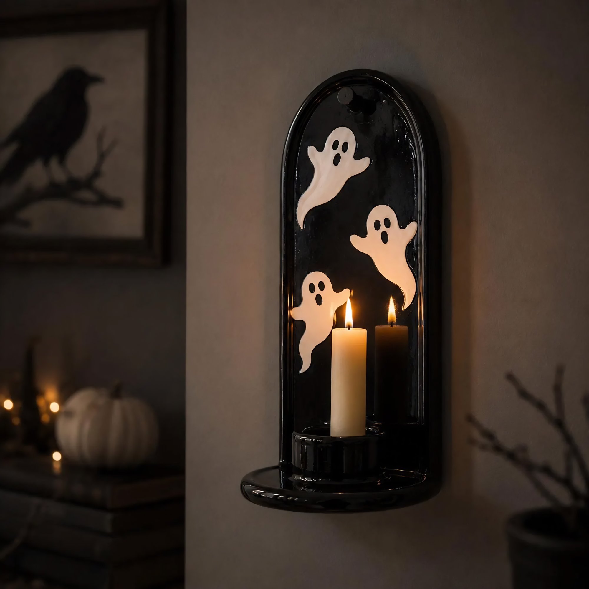 Ghost Wall Candle Holder, Halloween Wall Sconce, Handmade Ceramic Taper Candle Holder, Black Gothic Wall Decor, Spooky Home Decor | LA133
