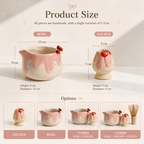Handmade Pink Cherry Cake & Ribbon Bow Ceramic Matcha Bowl Set | Cute Spouted Chawan & Whisk Holder • HX51