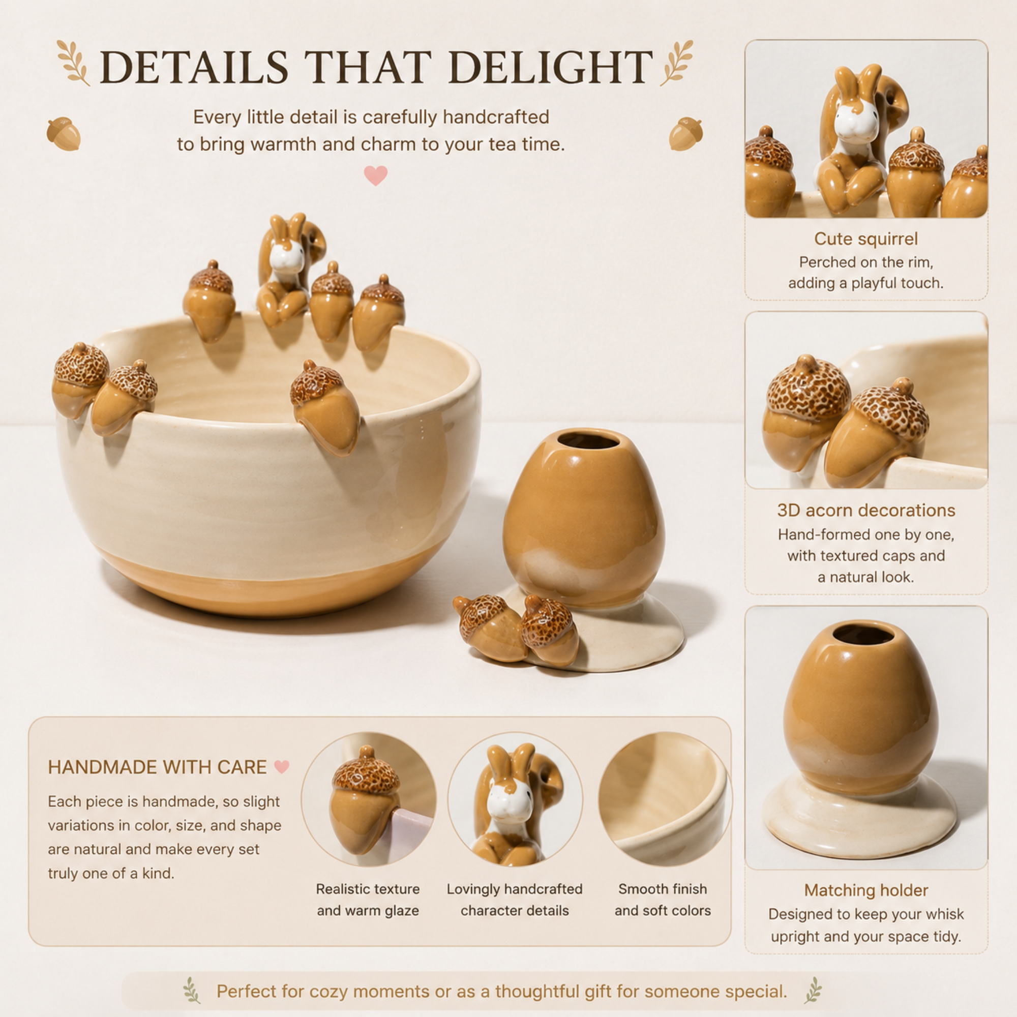 Autumn Forest Squirrel & Acorn 3D Handcrafted Ceramic Matcha Bowl and Whisk Holder Set • HX17