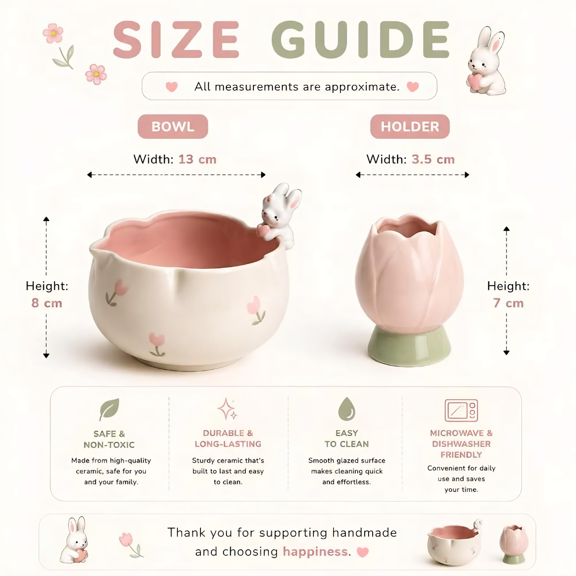 Handmade Bunny Matcha Tea Set - Cute Rabbit Chawan, Ceramic Matcha Bowl with Tulip Whisk Holder, Kawaii Tea Lover Gift | LA043