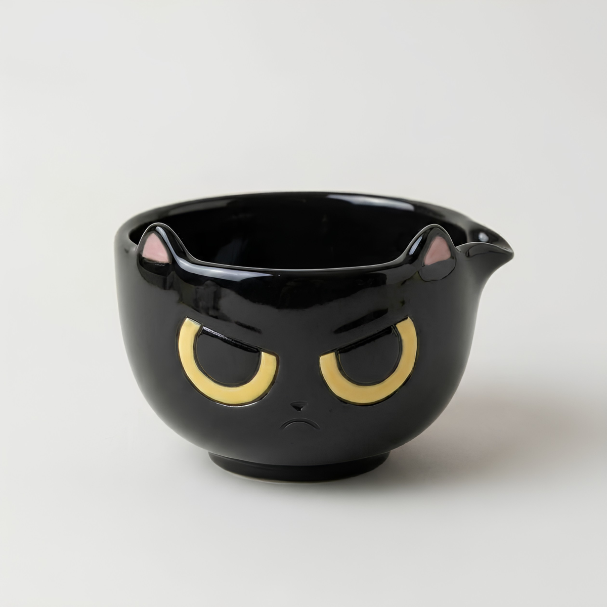Grumpy Black Cat Matcha Bowl Set - Spouted Chawan & Whisk Holder, Handmade Ceramic Tea Set.
