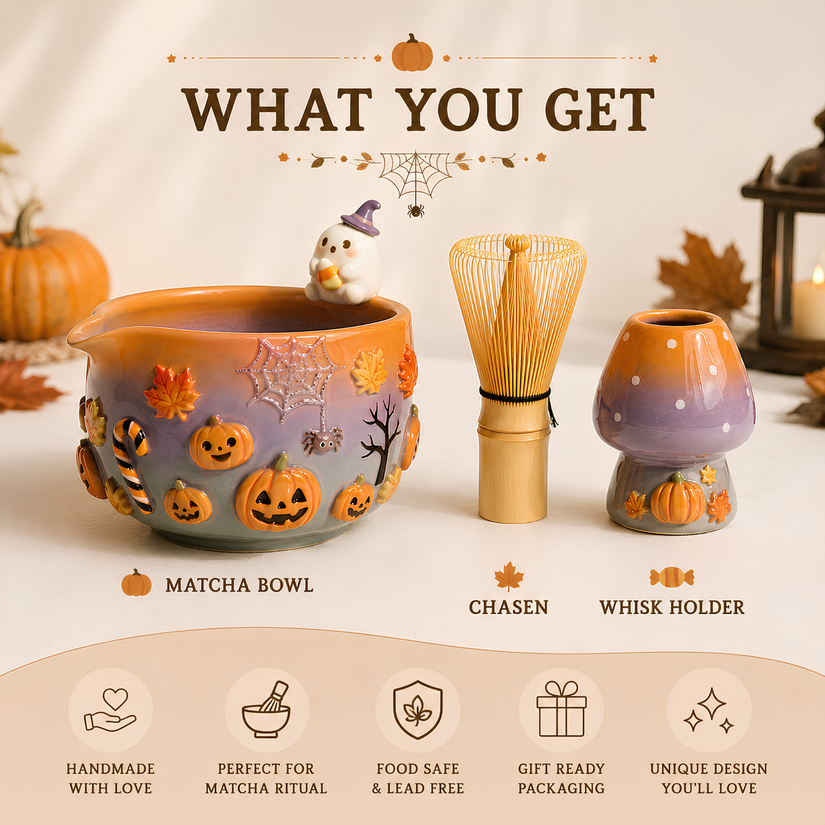 Ombre Halloween Matcha Bowl, Handmade Ceramic Matcha Set, Pumpkin Ghost Chawan with Whisk Holder | LA041